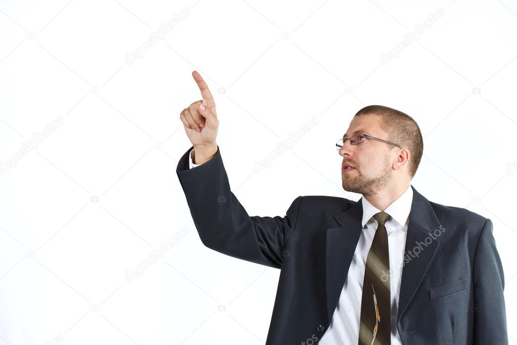 Businessman pointing up