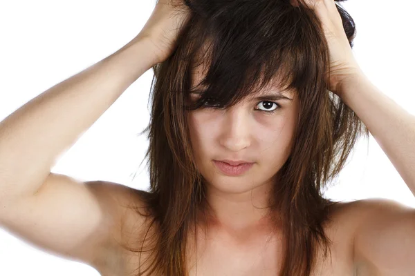 Mooie brunette sexy meisje met verwarde haren — Stockfoto