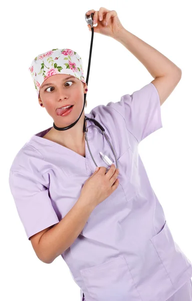Kobieta lekarz powieszenie się z stetoskop — Zdjęcie stockowe
