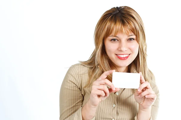 Happy young woman with blank card — Stock Photo, Image