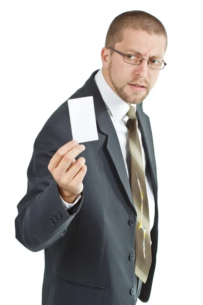 Візитна картка в руці бізнесмена — стокове фото