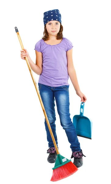 Cute girl holding dustpan and broom — Stock Photo, Image