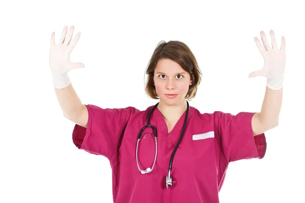 Ženský lékař s rukama vzhůru v rukavicích — Stock fotografie