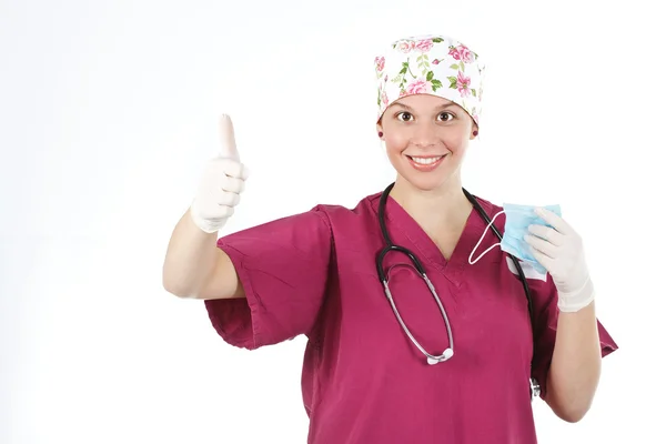 Happy female doctor with thumb up — Stock Photo, Image