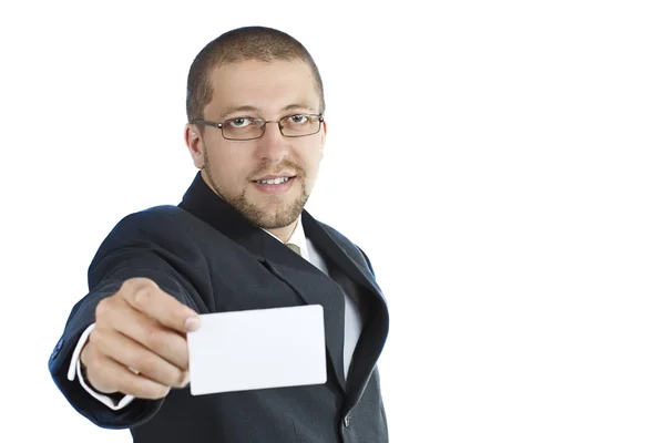 Крупный план визитной карточки в руках бизнесмена — стоковое фото
