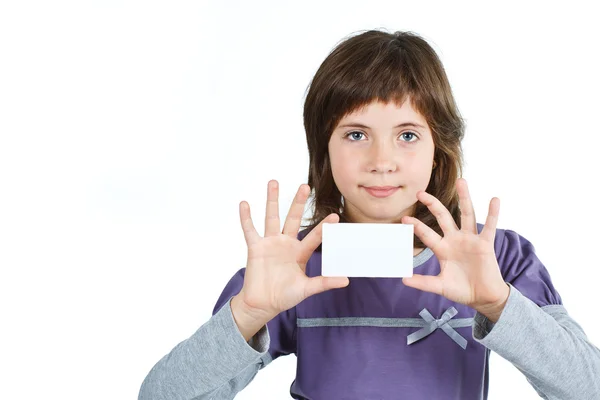 Cute girl with blank card — Stock Photo, Image