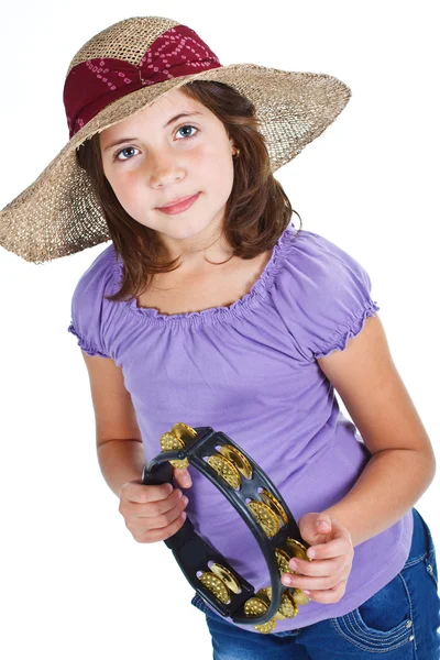 Cute girl with straw hat and tambourine — Stock Photo, Image