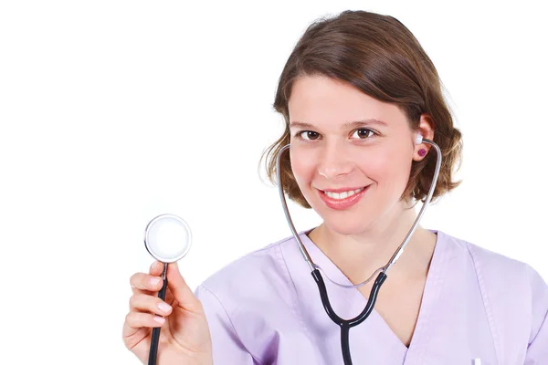 Female doctor smiling with stethoscope — Stock Photo, Image