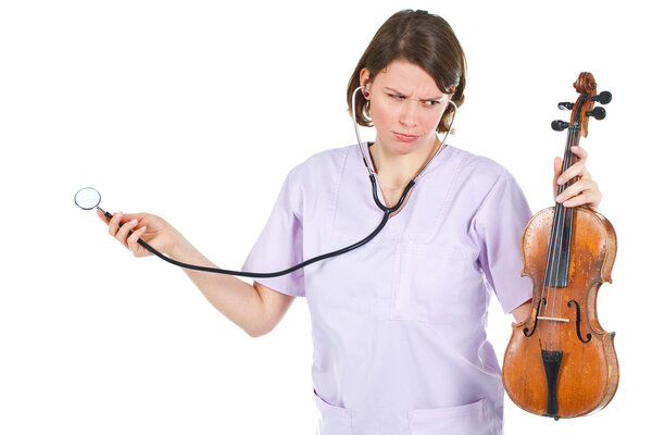 Female doctor holding violin and stethoscope