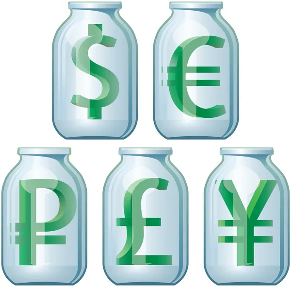 Símbolos monetários em um frasco de vidro Vetores De Stock Royalty-Free