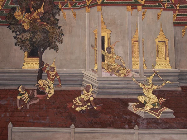 Pintura de arte mural en templo Tailandia. pintura sobre Ramayana ep —  Fotos de Stock