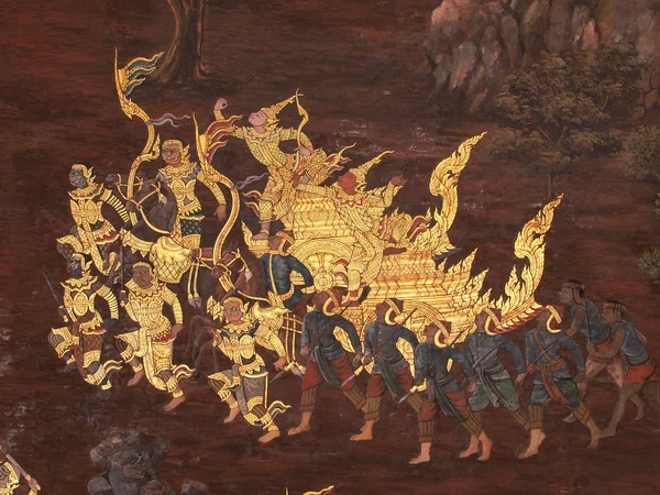 Kunst aan de muur schilderij in tempel thailand. schilderij over ramayana ep — Stockfoto