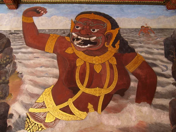 Obraz w Tajlandii świątyni sztuki ściany. Malarstwo o PE Ramajana — Zdjęcie stockowe