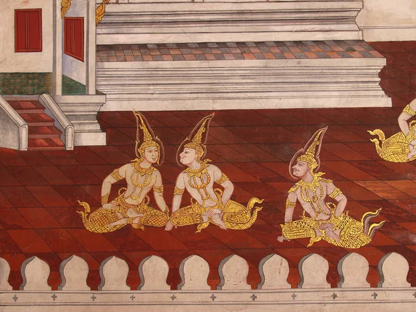 Pintura de arte mural en templo Tailandia. pintura sobre Ramayana ep —  Fotos de Stock