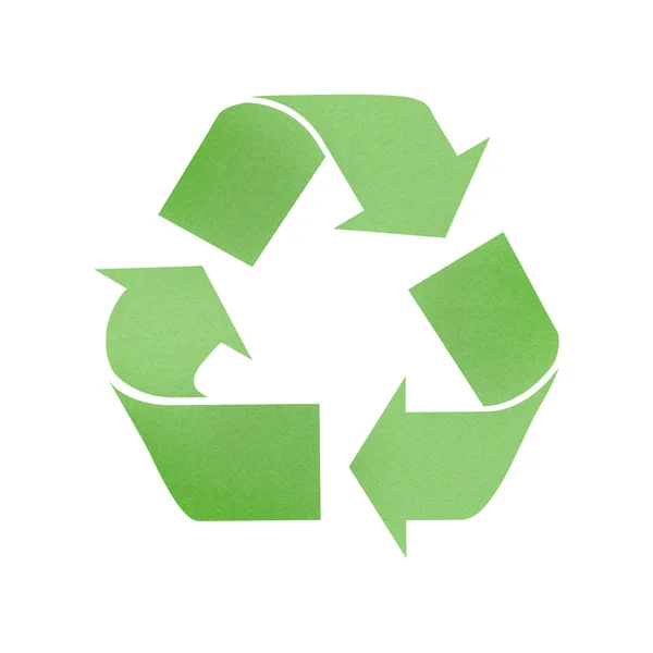 Tanda daur ulang hijau kertas yang didaur ulang pada latar belakang putih — Stok Foto