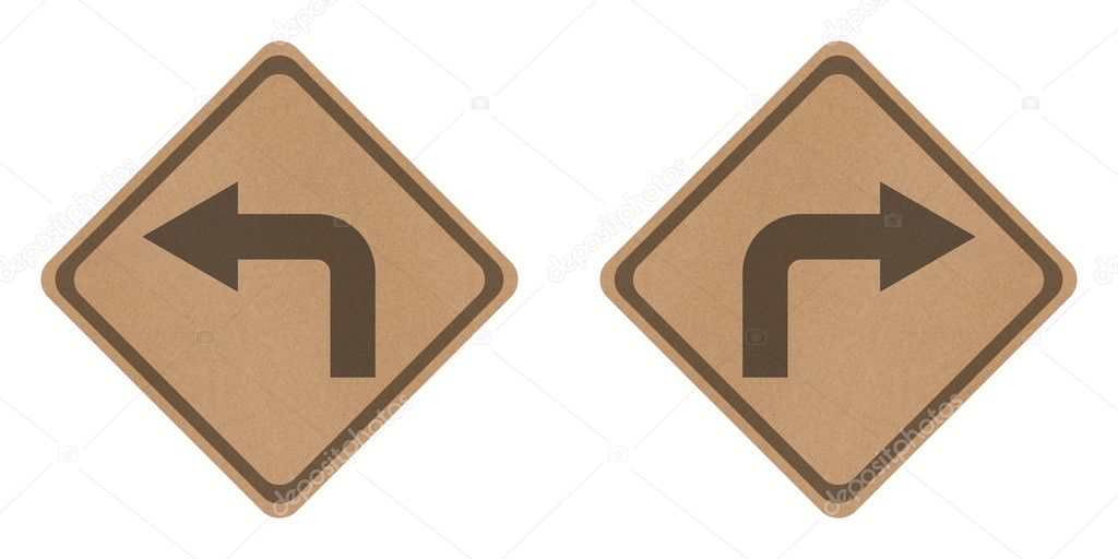 Recycle paper right turn and left turn road signs