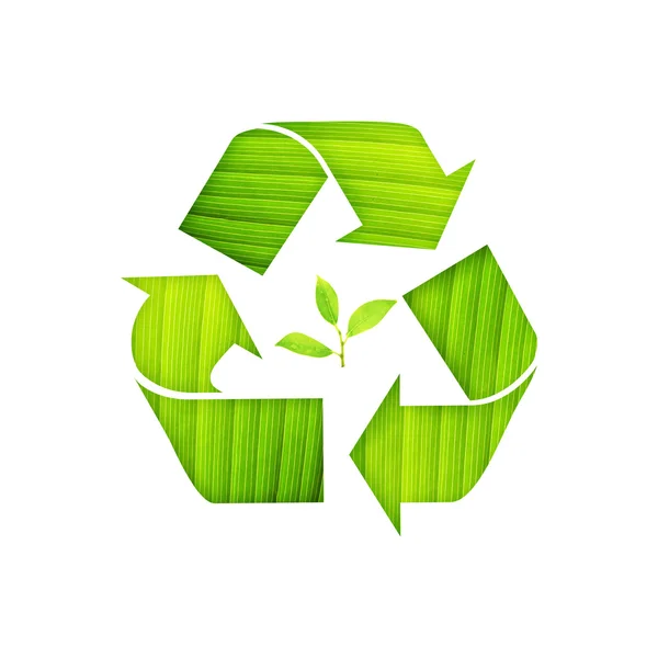 Recycling-Symbol mit Blatt-Detail und grünem Blatt innen auf isolieren — Stockfoto