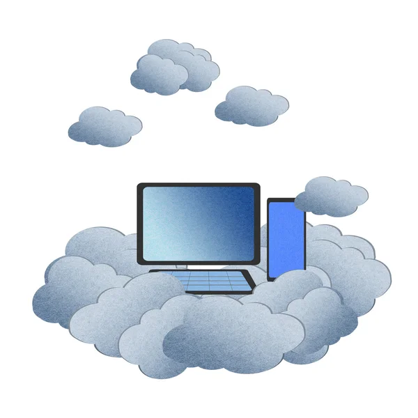 Papel de reciclaje, concepto de computación en nube con PC en las nubes . — Foto de Stock