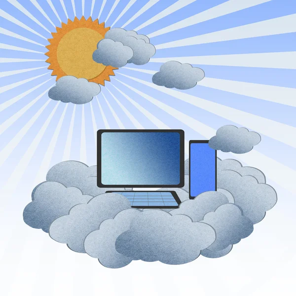 Recycle paper cloud computing with the sun, Cloud computing conc — Stock Photo, Image