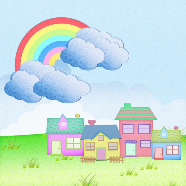 草フィールド虹の背景とリサイクル紙からの家 — ストック写真