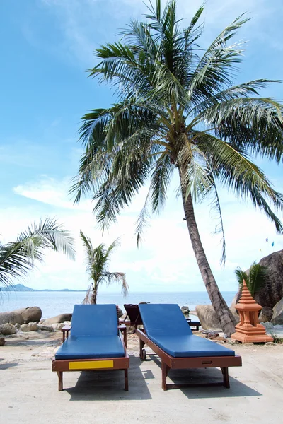 เก้าอี้บนชายหาดเขตร้อนที่มีต้นปาล์ม — ภาพถ่ายสต็อก