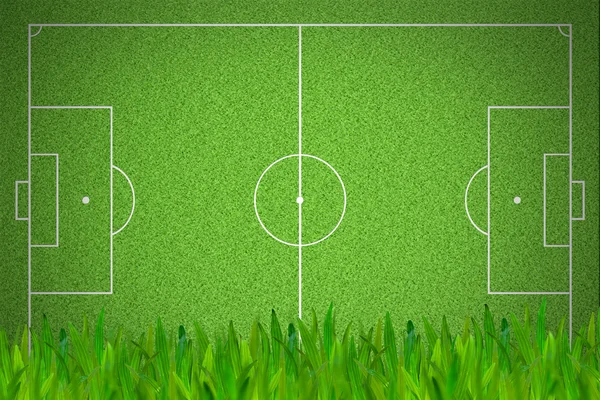 Voetbal of de voetbal veld met groen gras voorgrond — Stockfoto