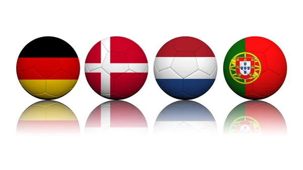Rendering 3D Palloni da calcio con motivo a bandiera, European Soccer Cha — Foto Stock