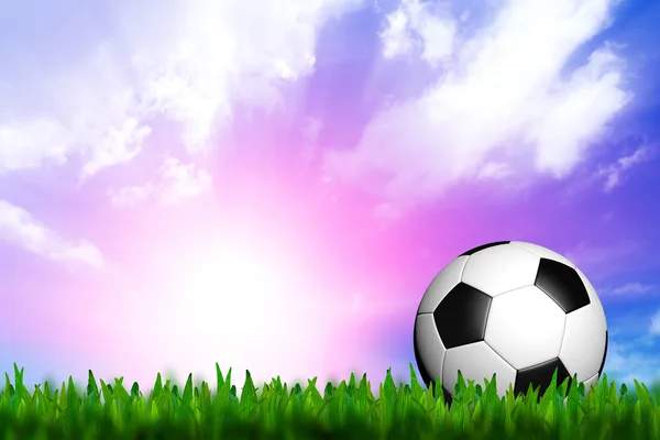 Fotboll i grönt gräs över en twilight himmel — Stockfoto