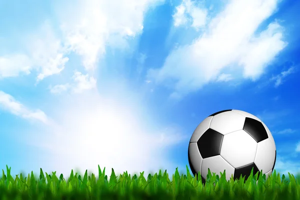Yeşil çimenlerin üzerinde mavi gökyüzü 3D futbol — Stok fotoğraf