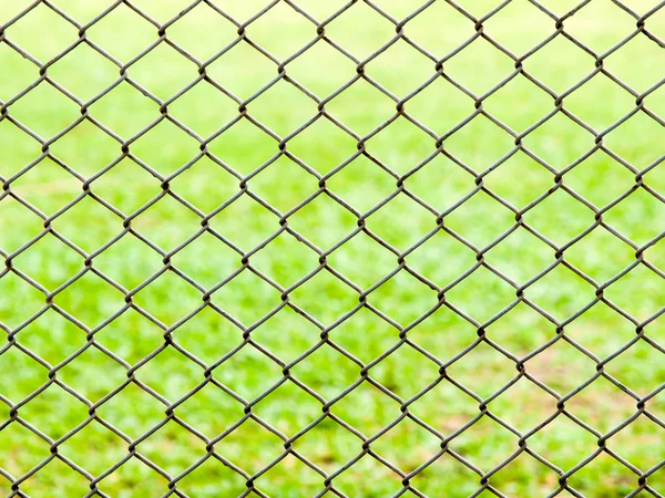 Iron wire fence on green grass background . — Stock Photo, Image