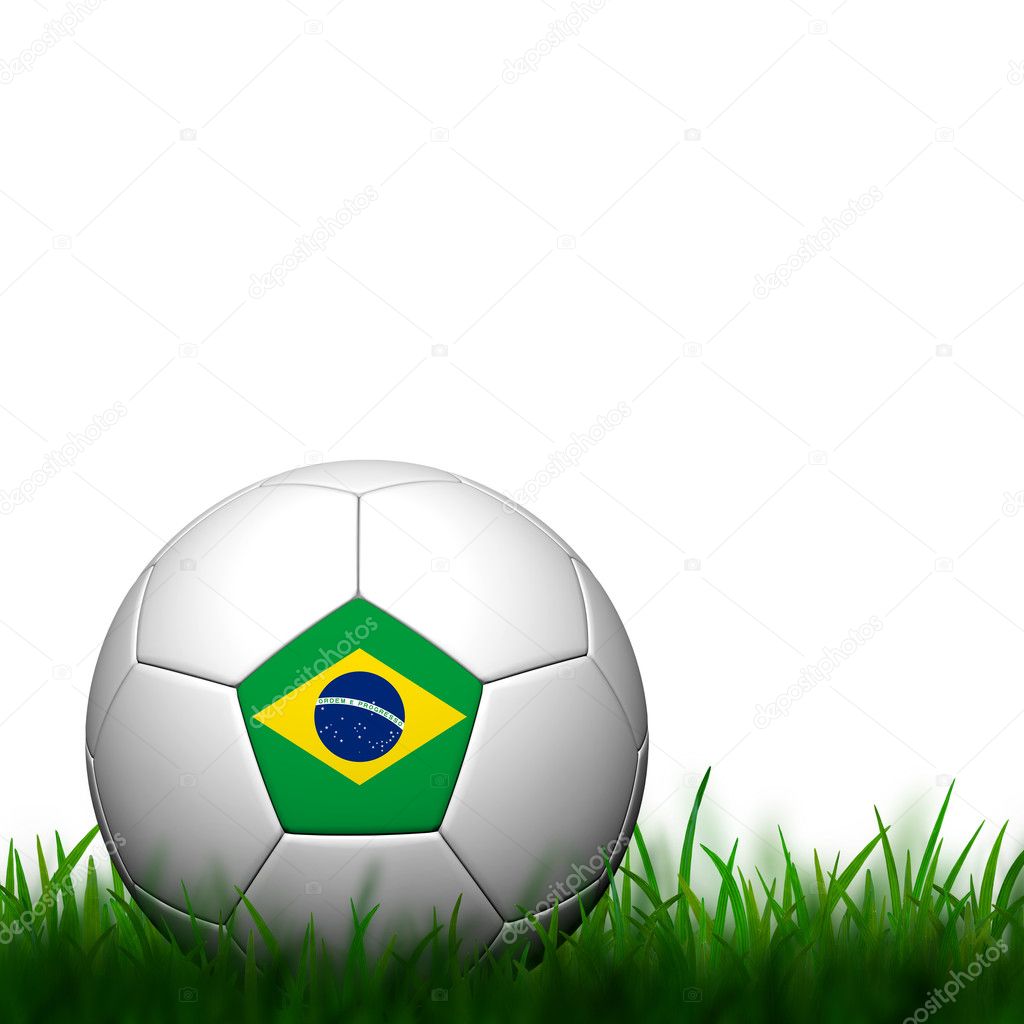 3D Football Brazil Flag Patter in green grass on white backgroun