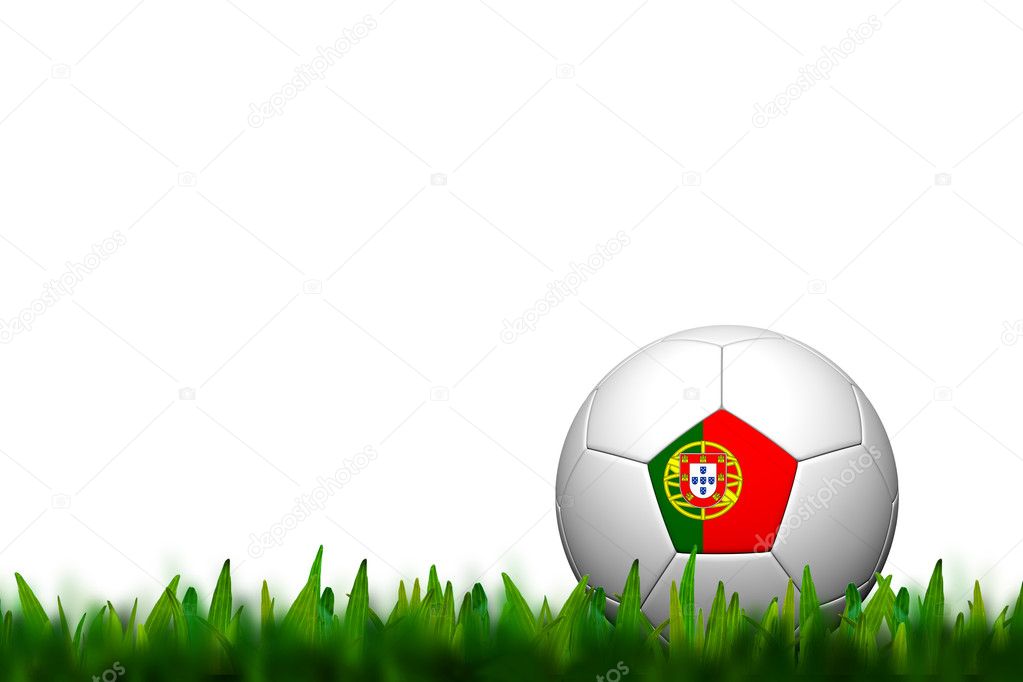 3D Soccer balll Portugal Flag Patter on green grass over white b