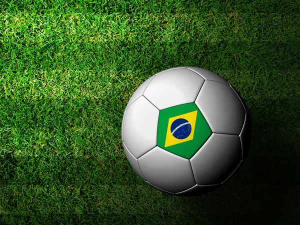 Brezilya bayrak deseni 3d render yeşil çim futbol topu — Stok fotoğraf