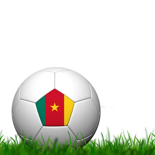 3D ποδοσφαίρου balll Καμερούν σημαία κορακίστικα για την πράσινη χλόη πέρα από το λευκό β — Φωτογραφία Αρχείου