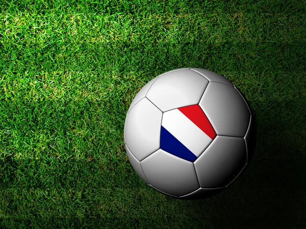 Γαλλία σημαία μοτίβο 3d rendering μιας μπάλας ποδοσφαίρου στο πράσινο γρασίδι — Φωτογραφία Αρχείου