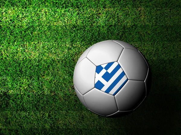 Ελλάδα σημαία μοτίβο 3d rendering μιας μπάλας ποδοσφαίρου στο πράσινο γρασίδι — Φωτογραφία Αρχείου