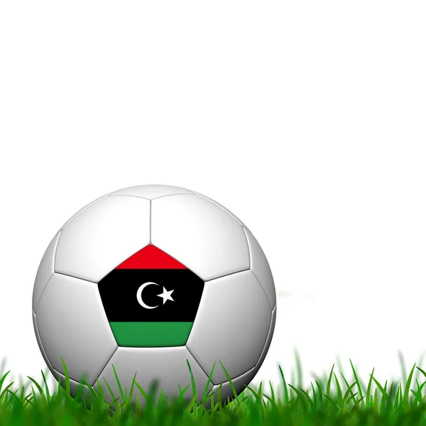 3D soccer balll Libyen flagga smattra på grönt gräs över vit rygg — Stockfoto