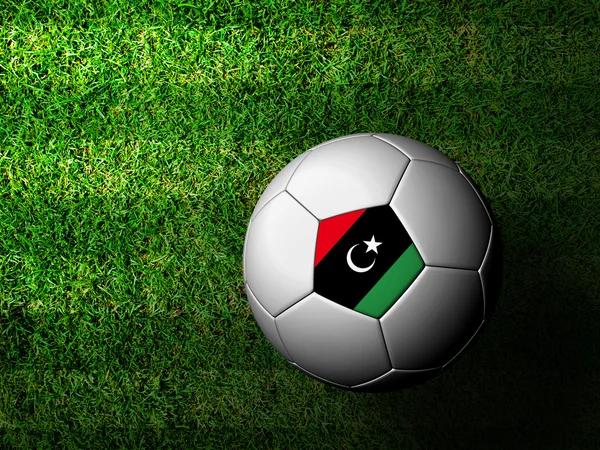 Σημαία της Λιβύης μοτίβο 3d rendering μιας μπάλας ποδοσφαίρου στο πράσινο γρασίδι — Φωτογραφία Αρχείου