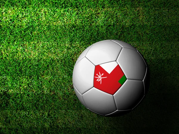 Σημαία του Ομάν μοτίβο 3d rendering μιας μπάλας ποδοσφαίρου στο πράσινο γρασίδι — Φωτογραφία Αρχείου