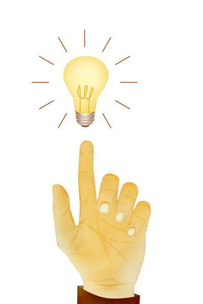 Papier textuur, hand gebaar richting lamp idee — Stockfoto