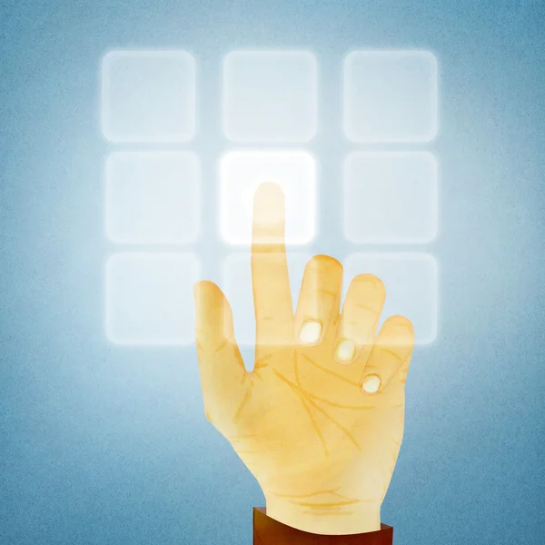 Paper texture ,Hand gesture pushing button on touch screen — Stock Photo, Image