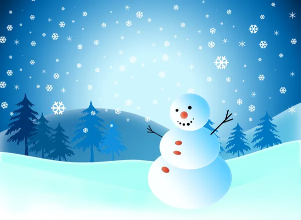 Cartoon snowman on snow blue background