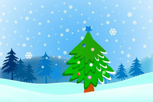 Cartoon julgran på snö blå bakgrund — Stockfoto