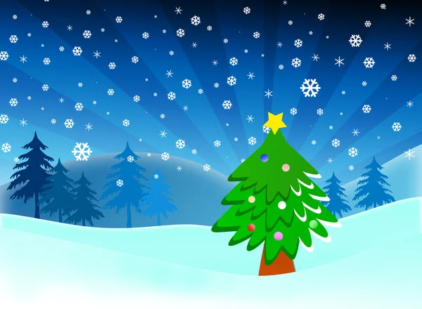 Cartoon julgran på snö blå bakgrund — Stockfoto