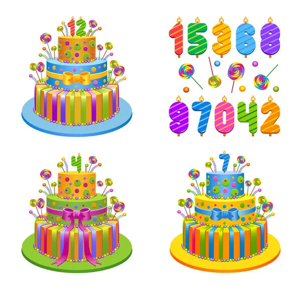 Ilustração de vetor - jogo de tortas de aniversário com velas — Vetor de Stock