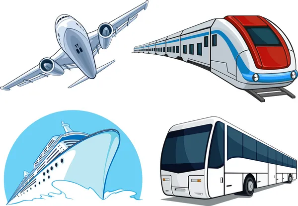 Туристичні перевезення Set - літак, автобус, круїзного судна та залізничного — стоковий вектор