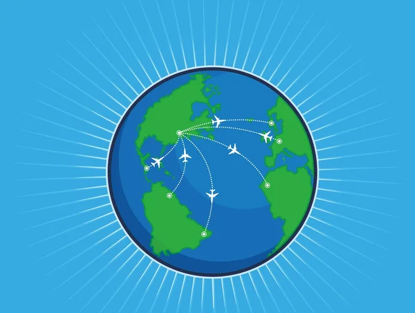 Airplane Route Around the World Globe — Stock Vector