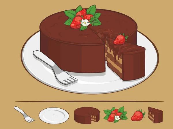 Schokoladenkuchen mit Erdbeere auf Teller — Stockvektor