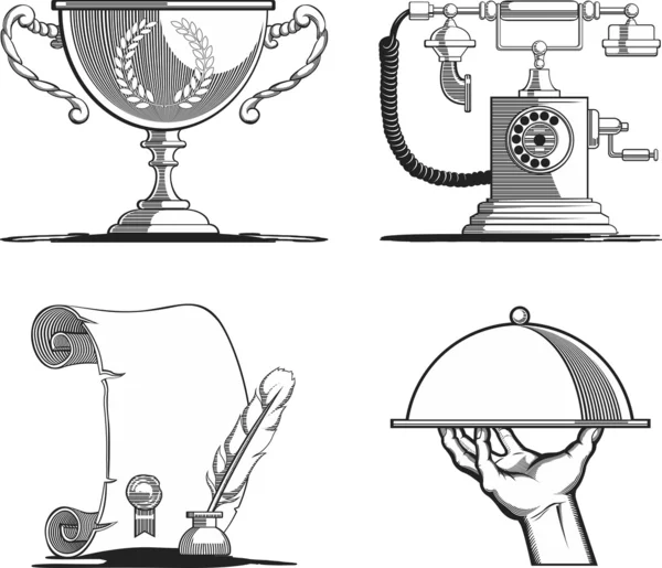 Icônes rétro - Ancien script, téléphone, plateau et trophée — Image vectorielle