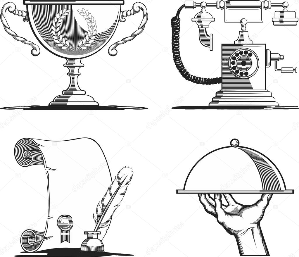 Retro Icons - Old Script, Telephone, Tray & Trophy